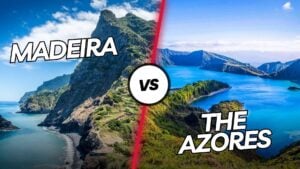 A comparison image divided diagonally. The left side shows Madeira's scenic coastline with rocky cliffs and lush greenery. The right side displays the Azores with an expansive view of blue water, islands, and mountainous terrain. Both sections are labeled.