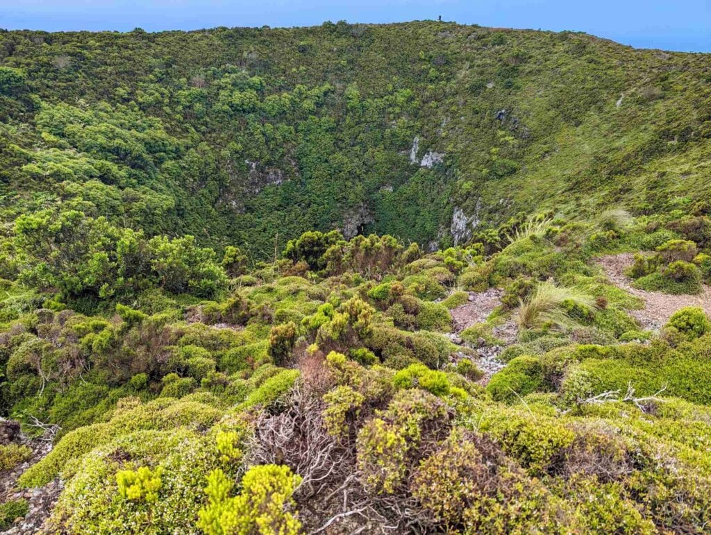 Steep slopes of a lush volcanic crater in Portugal, covered with green plants and rocky areas, under a clear sky.