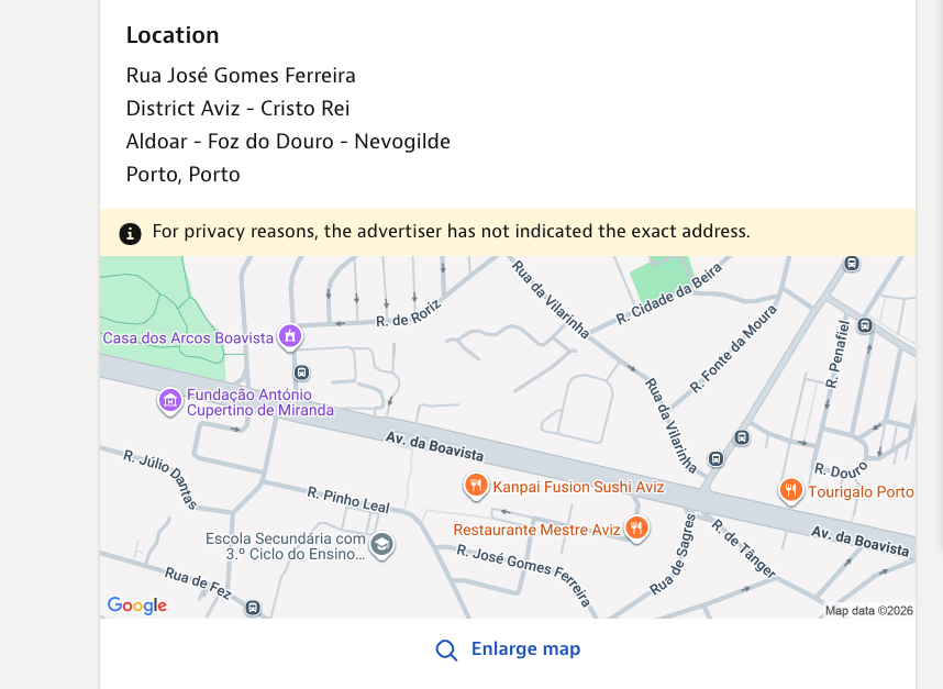 Map of Rua José Gomes Ferreira area in Porto, Portugal, with nearby streets and businesses; exact address is not shown for privacy.