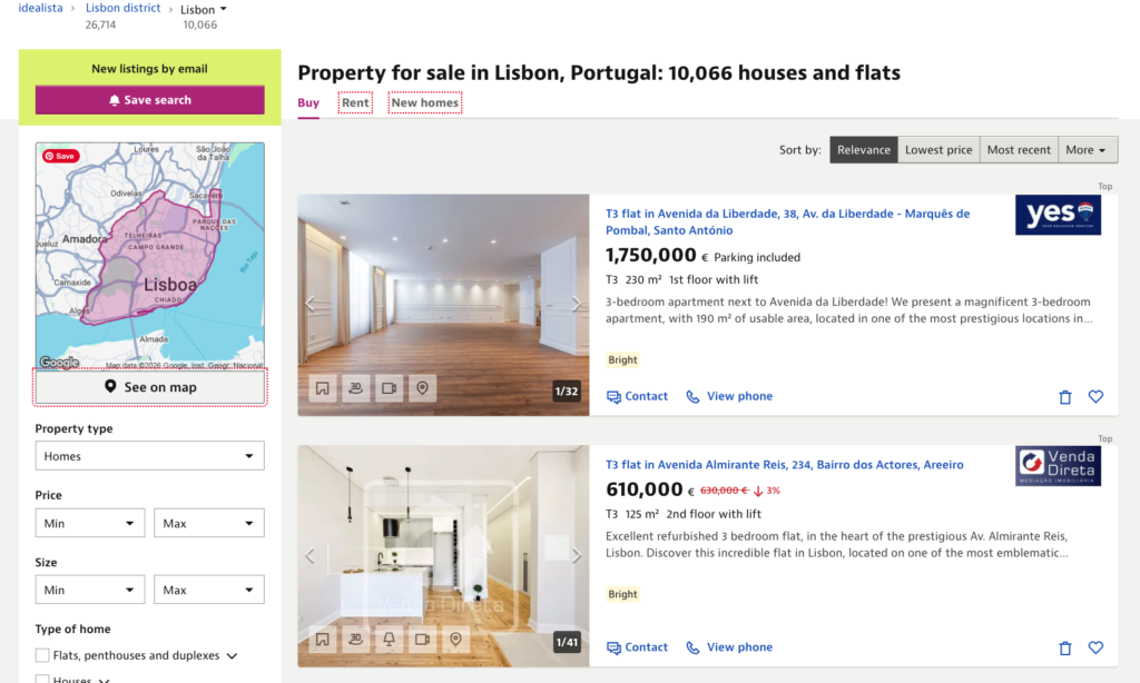 Real estate website screenshot showing Lisbon homes for sale with map, search filters, prices, photos of bright interiors, and details.
