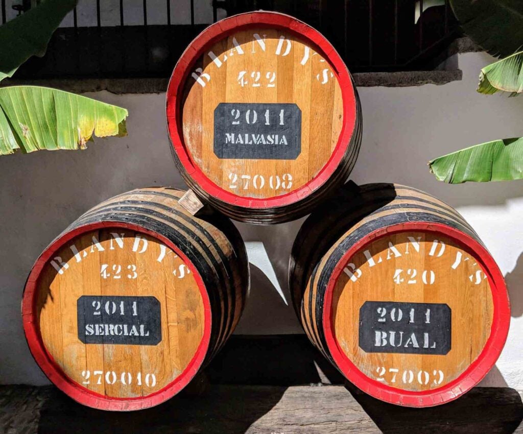 Three wooden barrels from Blandy's with red rims are stacked. Each barrel is labeled with a type of wine and the year 2011. The barrels, marked Malvasia, Sercial, and Bual, evoke the rich heritage of Portugal and are positioned against a white wall with some greenery on the left side.