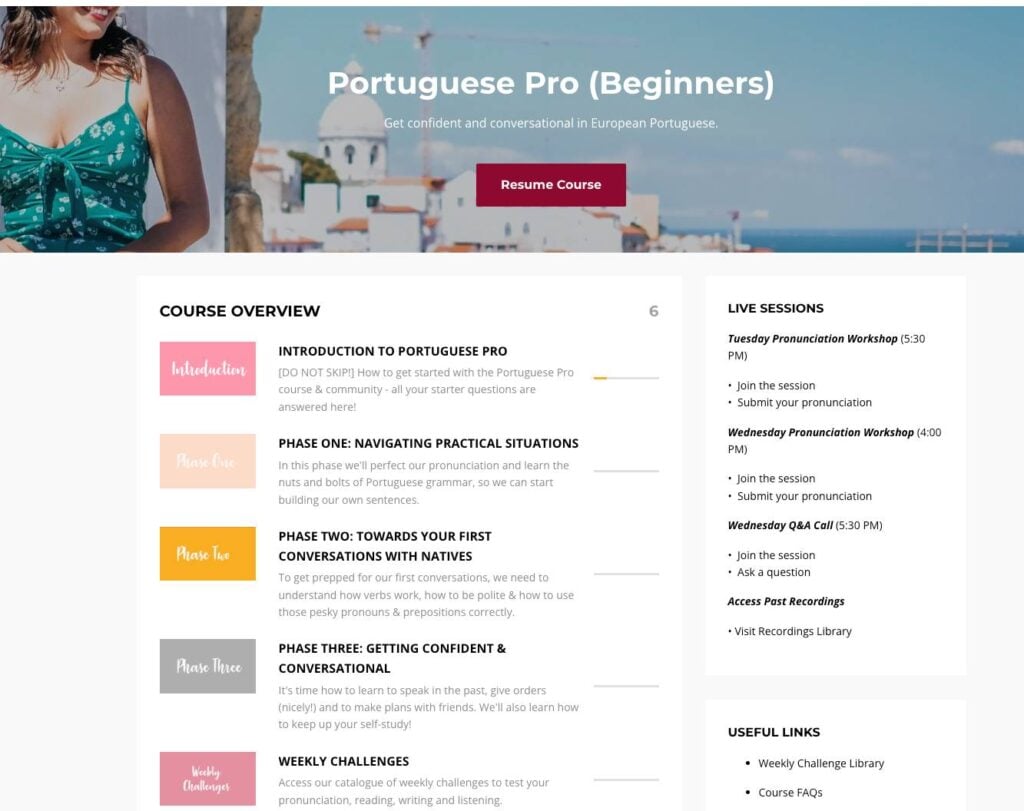 Screenshot of "Portuguese Pro (Beginners)" course page with lesson phases, resume button, and a sidebar with resources and session links.