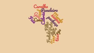 A word cloud in the shape of a cross features various Portuguese and Spanish words in different colors and sizes. The words include strong language and profanities such as "Caralho," "Paneleiro," "Filho da puta," and "Cona" on a light brown background.