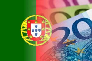 Portugal flag with a coat of arms on the left, blending into a close-up of Euro banknotes on the right, predominantly showing the 200 and 100 Euro notes.