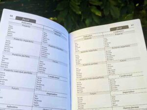 An open book displays verb conjugation charts in Portuguese. The left page shows conjugations for the verb "fazer," and the right page shows conjugations for the verb "ferir." Both pages include various tenses and grammatical moods. Green leaves are visible in the background.