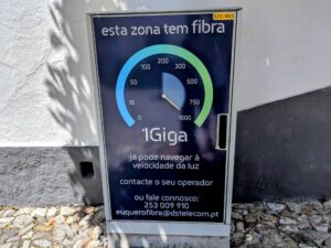 A Portuguese sign saying that this zone has fiber optic internet, showing speeds of up to 1 Gb