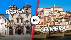 Split-screen image comparing two cities: Braga on the left, showcasing its historic cathedral with a clear blue sky overhead, and Coimbra on the right, featuring a scenic view of its hillside buildings and the Mondego River. Text overlay reads "Braga vs Coimbra.