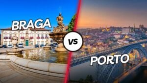 Split image with "Braga" on the left showing a historic square with a fountain and old buildings, and "Porto" on the right displaying a view of a lit-up cityscape at dusk with the iconic Dom Luís I Bridge. "VS" in a circle at the center indicates a comparison.
