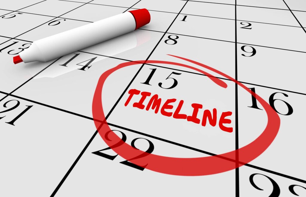 A calendar shows the 15th circled in red with "TIMELINE" inside, a red marker resting nearby—suggesting a key moving date.
