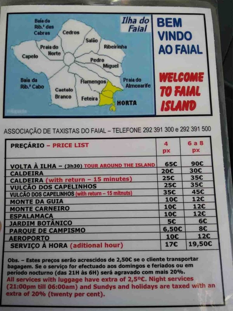 faial taxi price list