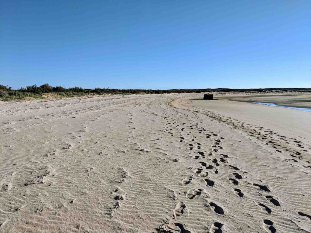 A serene beach scene in Portugal with a wide expanse of smooth, rippled sand and gentle footprints leading towards the horizon. Vegetation lines the sandy dunes in the background, and a small structure can be seen in the distance under a clear, blue sky.