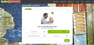 A language learning app lesson screen shows a man looking frustrated and holding his head. It asks users to translate "Ah! I'm starting to get mad." to Portuguese. Four audio options are available, and a "Next" button is seen in the bottom right.