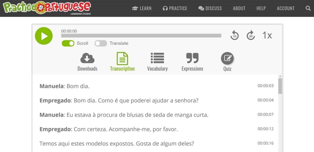 A language site for moving to Portugal displays a Portuguese dialogue transcript, plus options for downloads, vocabulary, and a quiz.
