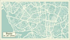 A detailed map of Porto, Portugal, showcases the city's intricate street network, with major roads and intersections highlighted. The map features a minimalistic, light green and cream color scheme and includes a scale indicator in the bottom left corner.