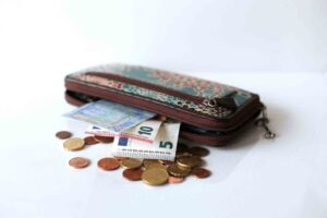 A brown decorative wallet lies partly open on a white surface, displaying various Euro banknotes and several scattered Euro coins in different denominations. The wallet features a colorful and intricate pattern with a small metal zipper pull.
